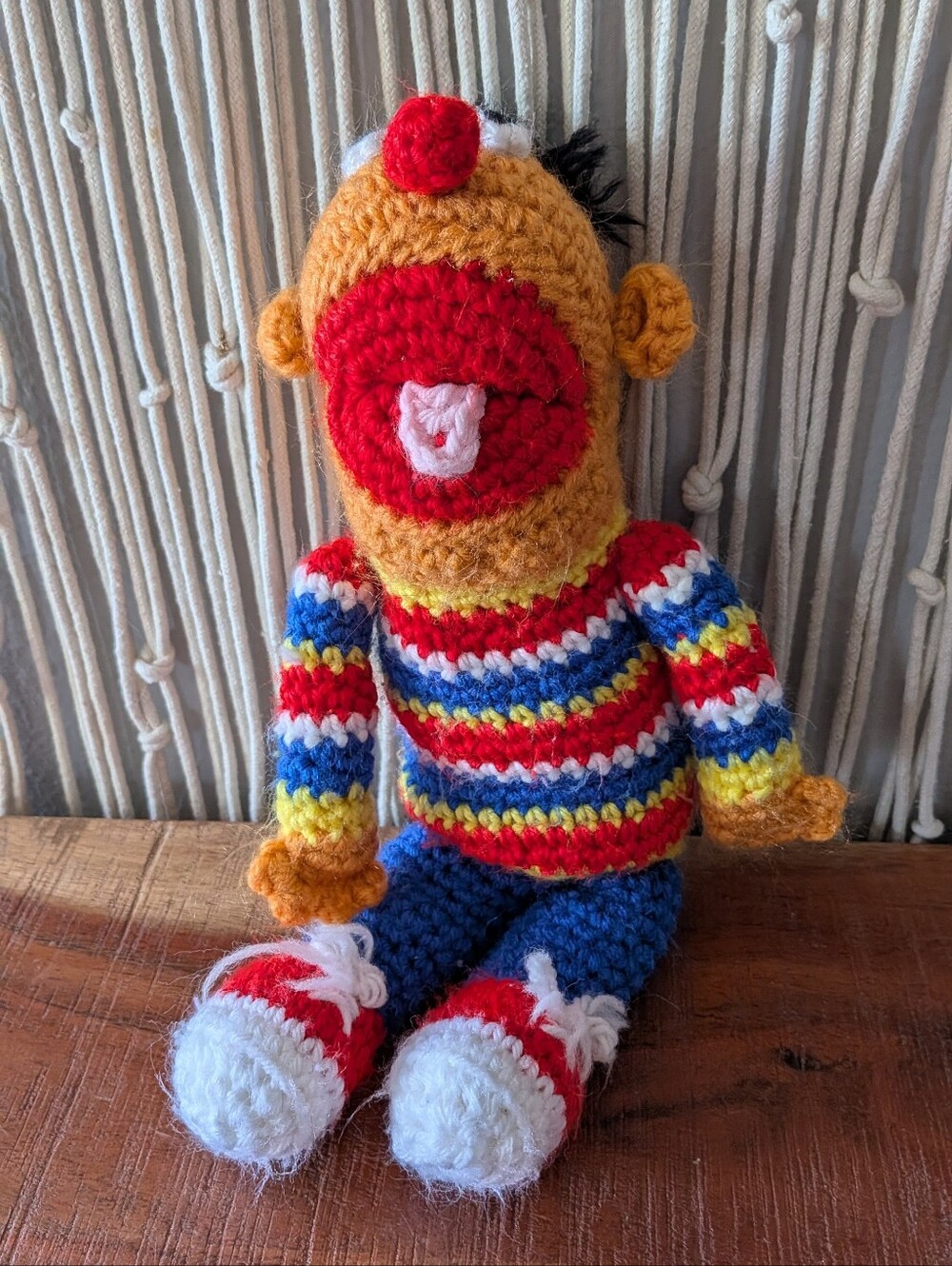 Vintage Handmade Crocheted Ernie Plush Doll Sesame Street Amigurumi Figurine 13"